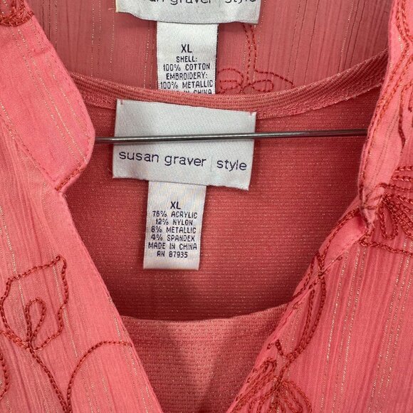 Susan Graver XL Pink Floral Embroidered Metallic Button Tunic Shirt & Tank - Picture 5 of 6